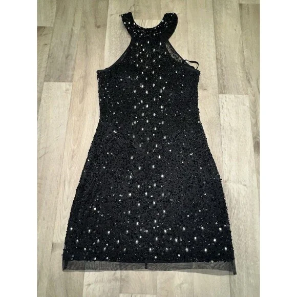 Mori Lee Glam Vintage Mini Halter Sequin Dress Beaded Silver Size 6 - Picture 8 of 9